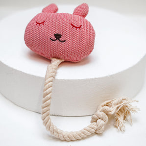 Furry Castle Knitted Bunny Rattle Dog Toy: Durable Polyester and Cotton Squeaky Rope Toy