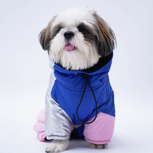 Winter Dog Jacket with Pink and Metallic Silver Sleeves, Full Coverage, and Top Zip