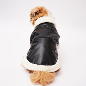 Leather Dog Jacket with Fur-Lined Collar and Velcro Closure